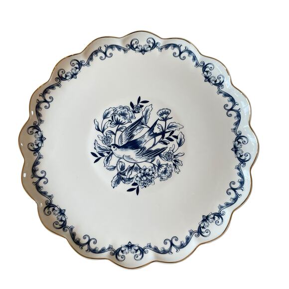 Eaton Fine Dining Blue Floral Bird Porcelain Pedestal Cake Plate 10.5in New - Picture 2 of 16